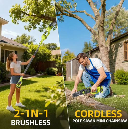 2 in 1 Cordless Pole Saw & Mini Chainsaw with 2 Batteries, Power Electric Polesaw for Tree Trimming, Chain Saw with Detachable Extension Pole, 15ft Reach, Limb Branch Cutter Pruner