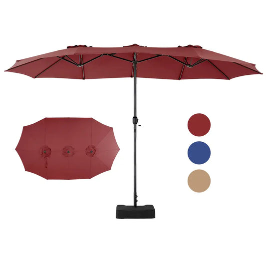 15FT Double-Sided Patio Umbrella with Base, Large Rectangle Market Umbrella with 12 Sturdy Ribs & Crank Handle